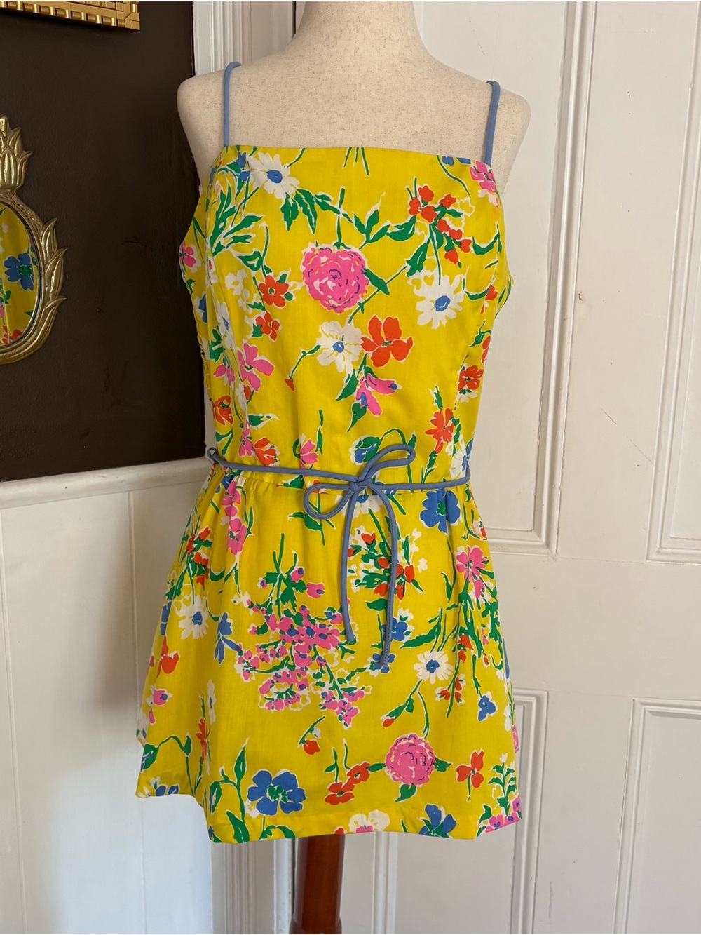 Vintage Sea Waves Floral Mini Dress Yellow Sundress Built In Bra Belt USA
